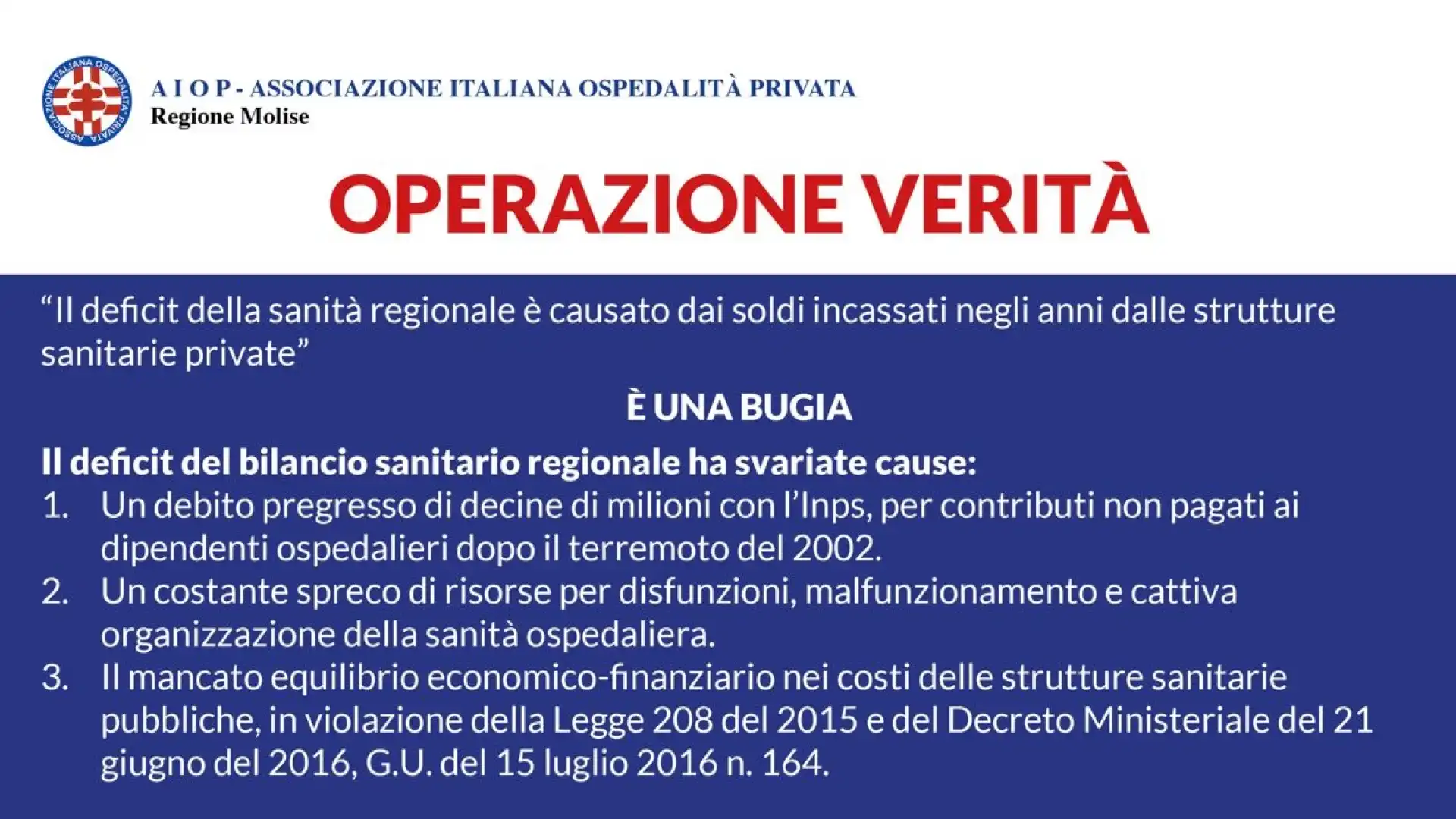 Tetto Massimo per le prestazioni sanitarie, il commissario Toma sovverte i principi costituzionali. La nota dell’Aiop Molise nell’ambito dell’Operazione verità”.